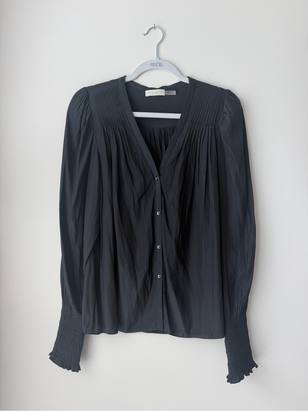 Ramy Brook Black Pleated V-Neck Button-Down Blouse